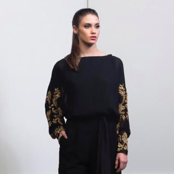 Black Silk Chiffon Jumpsuit with Gold Beaded Batwing Sleeves | Esé Azénabor - Picture 2 of 9